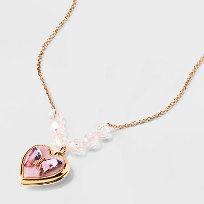 Girls&#39; Butterfly Heart Locket Necklace - Cat &#38; Jack&#8482; Gold/Pink