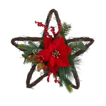 Nearly Natural 16” Holiday Christmas Poinsettia Star Twig Wreath