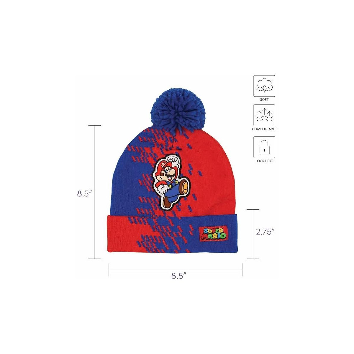 Super Mario Kids Winter Hats -  Cute Warm Pom Pom Beanie for Boys Ages 4-14 Cold Weather Hat - thumbnail 2