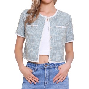 Allegra K Women's Tweed Knit Crew Neck Short Sleeve Cropped Casual Cardigan Jackets - 1 of 4