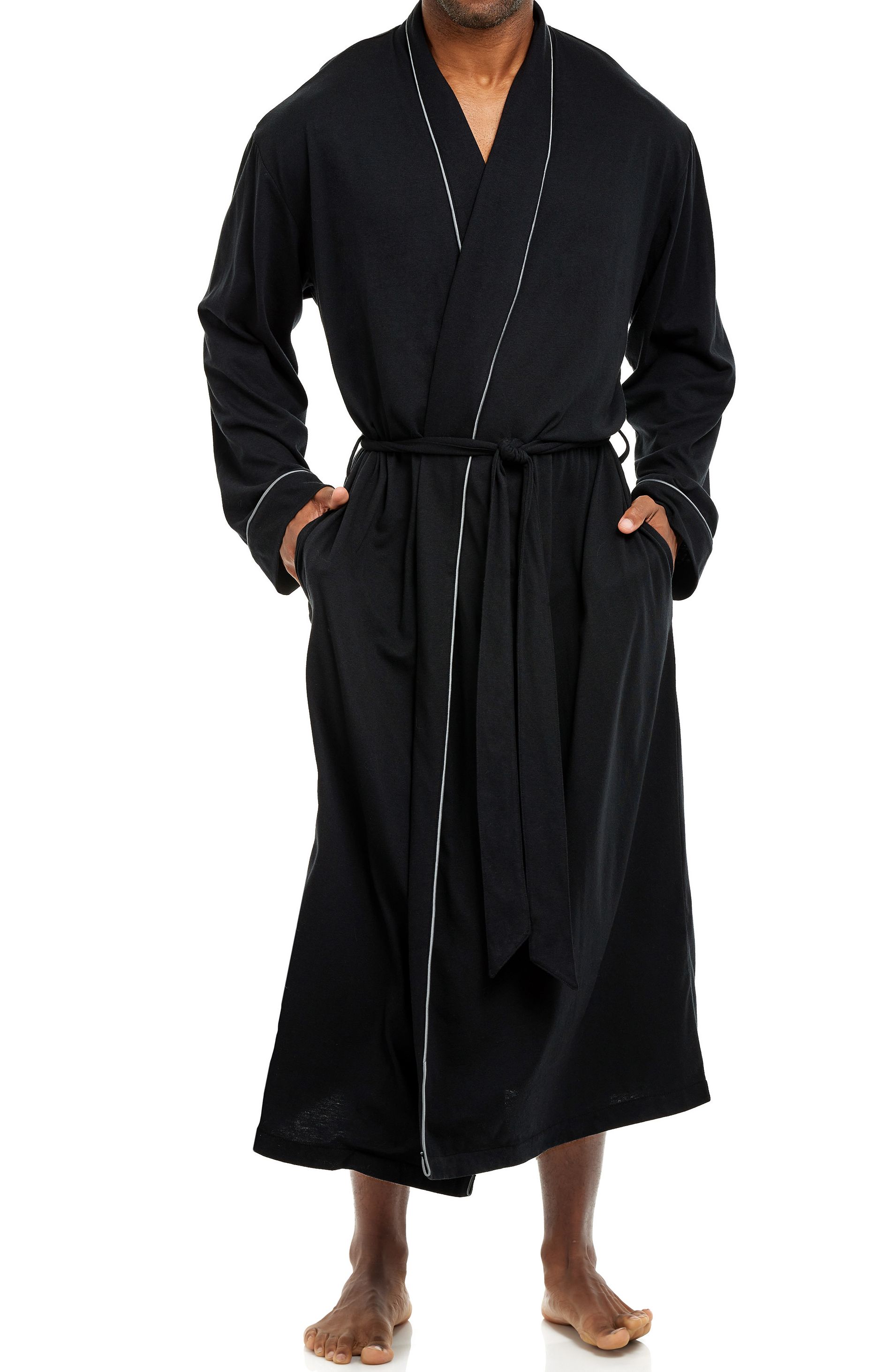 ADR Men's Robes, Mens Bathrobes Lightweight, Mens Robes with Pockets, Soft Cotton Knit Robe for Men Black Large