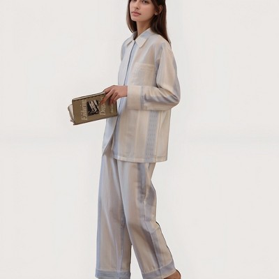 Anna-Kaci Lounge Women's Striped Woven Pajama Set with Collared Long Sleeve Top and Cuffed Wide Leg Pants