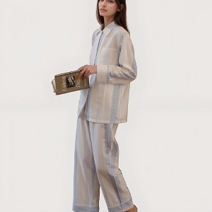 Anna-Kaci Lounge Women's Striped Woven Pajama Set with Collared Long Sleeve Top and Cuffed Wide Leg Pants - 1 of 4