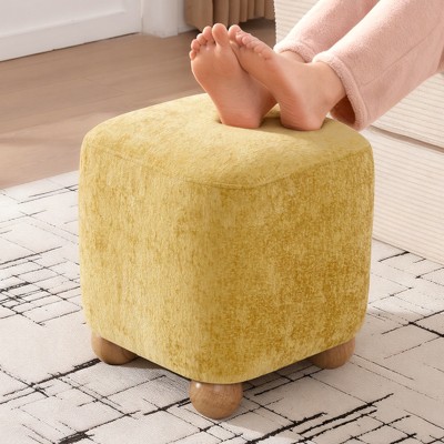 Bekrvio Cube Pouf Ottoman with Wood Legs, Chenille Vanity Stool & Square Footrest,Upholstered Ottoman for Living Room/Bedroom,500 lbs Capacity