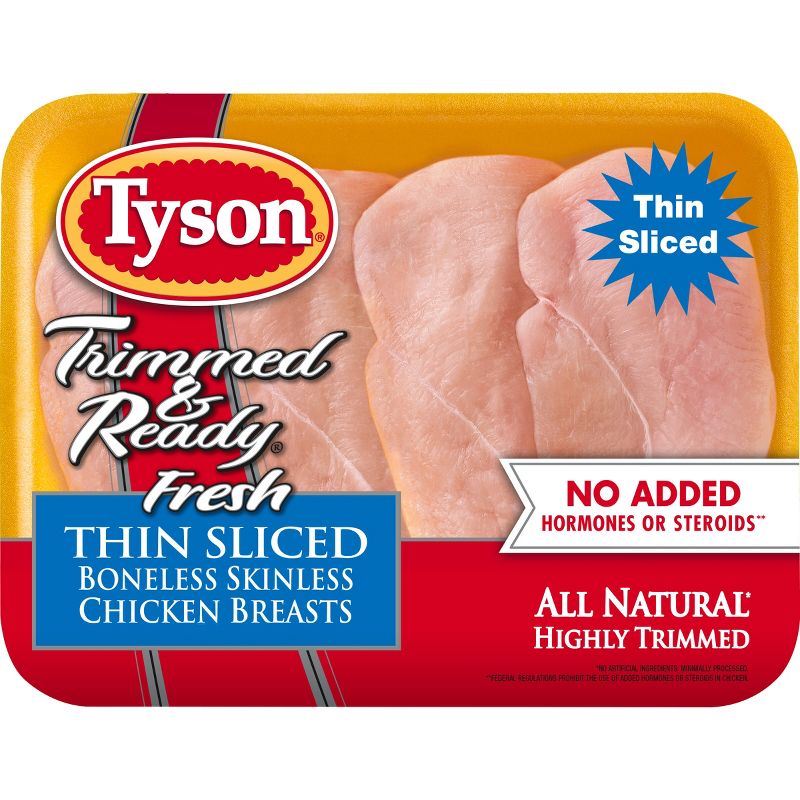 Tyson Trimmed &#38; Ready Boneless &#38; Skinless Thin Sliced Chicken Breasts - 0.76-1.988 lbs - price per lb, 1 of 6