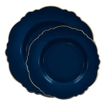 Smarty Had A Party Navy with Gold Rim Round Blossom Disposable Plastic Dinnerware Value Set (120 Dinner Plates + 120 Salad Plates)
