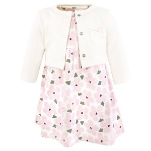 Hudson Baby Infant and Toddler Girls Cotton Dress and Cardigan Set, Pink Sage Floral - 1 of 4