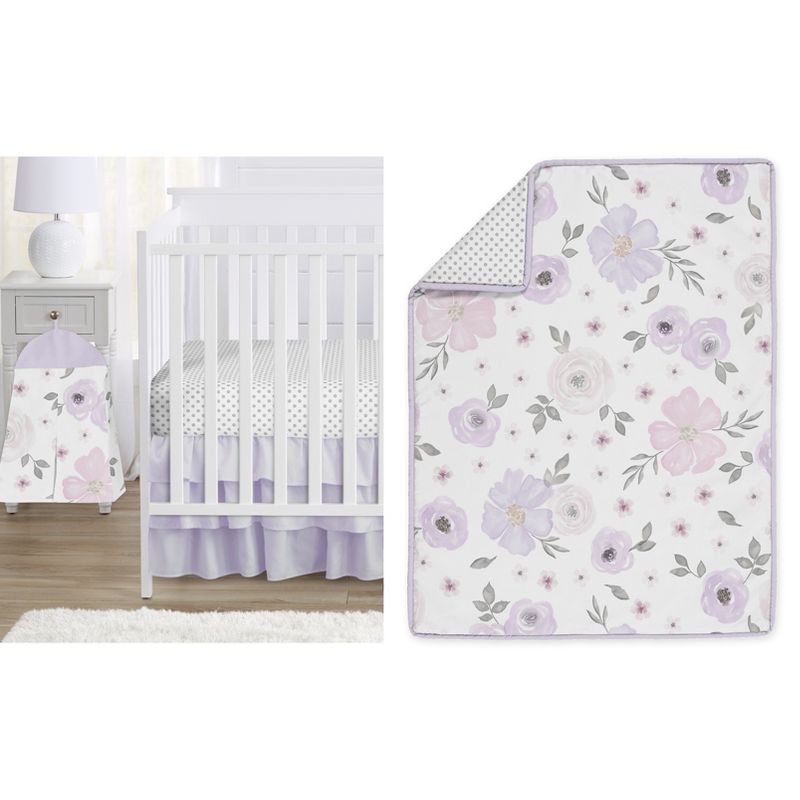 Sweet Jojo Designs Girl Baby Crib Bedding Set - Watercolor Floral Lavender Purple and Grey 4pc, 1 of 8