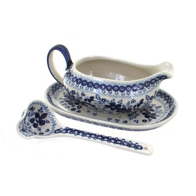 Blue Rose Polish Pottery S119 Manufaktura Gravy Boat Plate & Ladle