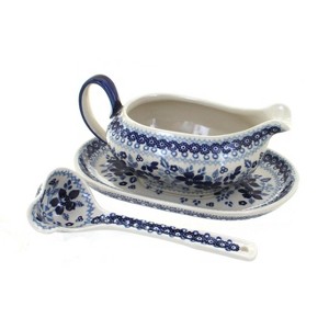 Blue Rose Polish Pottery S119 Manufaktura Gravy Boat Plate & Ladle - 1 of 2