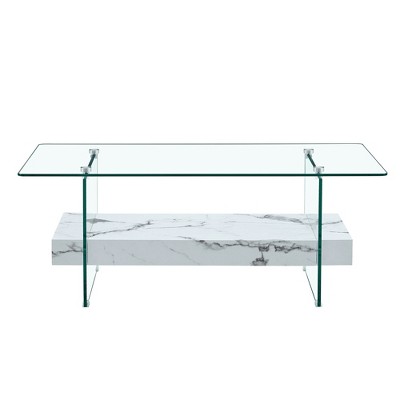 Lirago Modern Two-Tier Coffee Table-White Marble Pattern & Clear Glass, Versatile Design for Living Room & Office