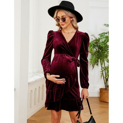 Maternity Velvet Dress Wrap V Neck Long Sleeve Belted Baby Shower Midi Dress Photoshoot
