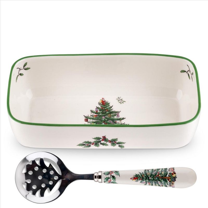 Spode Christmas Tree Cranberry Server with Slotted Spoon, 1 of 4