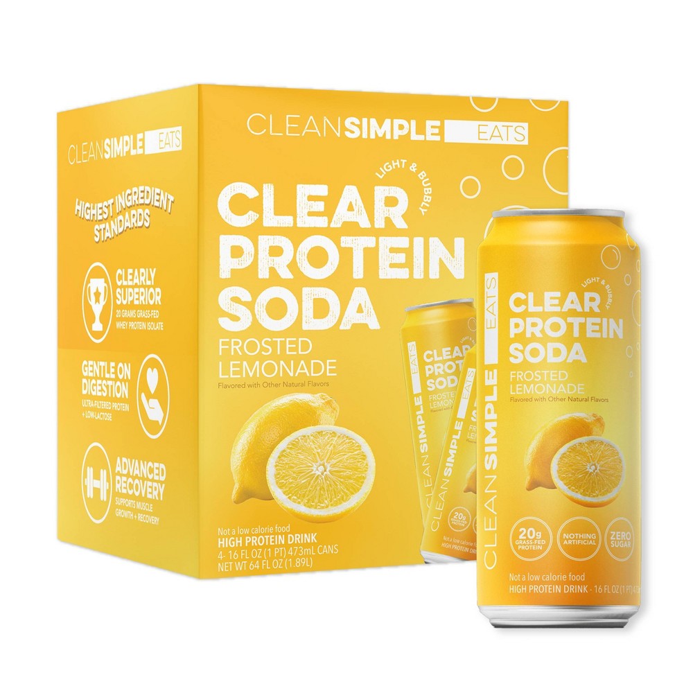 Clean Simple Eats Clear 20g Protein Soda Frosted Lemonade - 4pk/16 fl oz Cans: Non-Caffeinated, Ready to Drink, Sports Drink