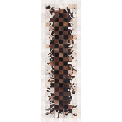 Hand-Stitched Beige & Brown Geometric Cowhide Runner Rug - 2'3" x 7'