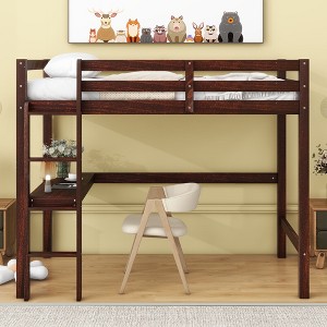 MATEERTY Twin Loft Wood Bed with Bulit-in Desk,, Safety Guardrails, Ladder ,Brown - 1 of 4