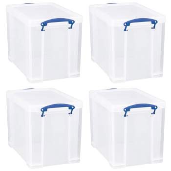 Really Useful Box 19 Liter Plastic Stackable Storage Container w/ Snap Lid & Built-In Clip Lock Handles for Home & Office Organization, Clear (4 Pack)
