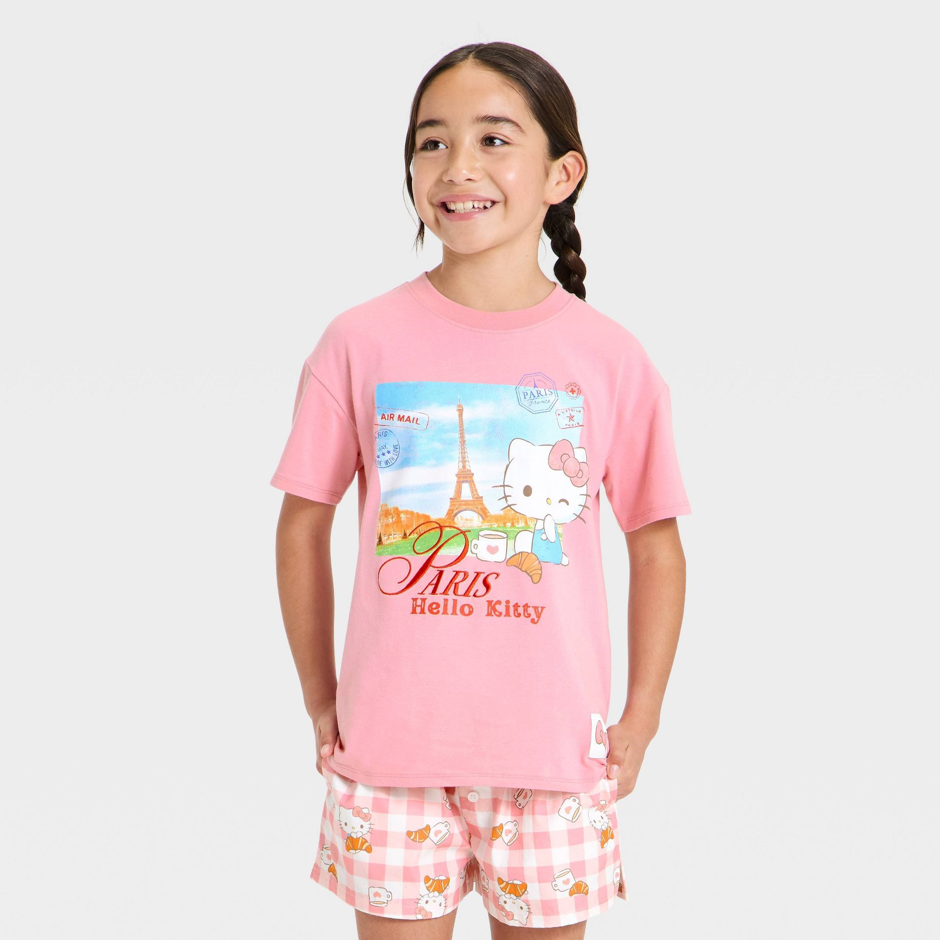 Girls' Hello Kitty and Friends in Paris Short Sleeve Oversized Graphic T-Shirt - Pink