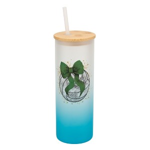 Elanze Designs 25 Ounce Frosted Glass Gradient Travel Tumbler With Straw and Wooden Lid, Volleyball With Green Bow Sky Blue - 1 of 1