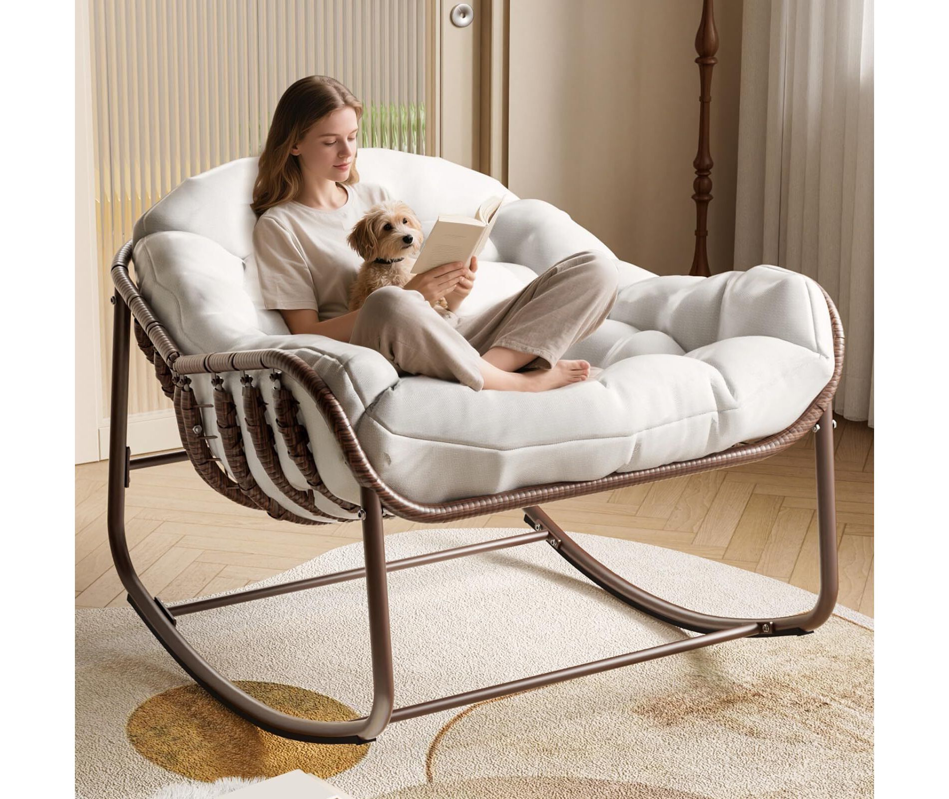 Outdoor Papasan Rocking Chair, Oversized Wicker Lounge Chair with Cushion and Metal Frame, Patio Rattan Egg Rocker for Balcony Backyard Bedroom,White