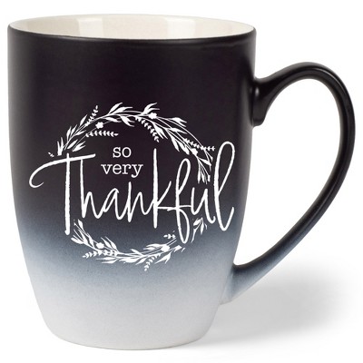 Elanze Designs So Very Thankful Wreath Two Toned Ombre Matte Black and White 12 ounce Ceramic Stoneware Coffee Cup Mug