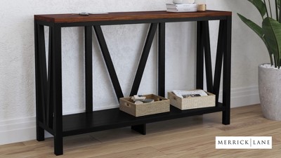 Warm Oak and Concrete Modern Farmhouse Sofa Table with Storage