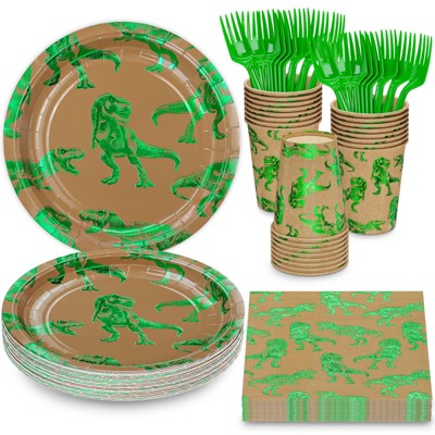DYLIVeS Green Foil Dinosaur Birthday Party Decorations, Rawr Dinosaur Disposable Tableware Set with 9'' Dinner Plates,Napkins,Cups,Forks-Serves 24