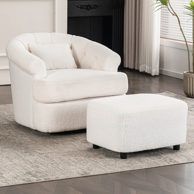 Modern Velvet Swivel Chair with Ottoman, Comfy Round Armchair, Luxurious Velvet Accent Barrel Chair, No Assembly Required, Off-White - ModernLuxe