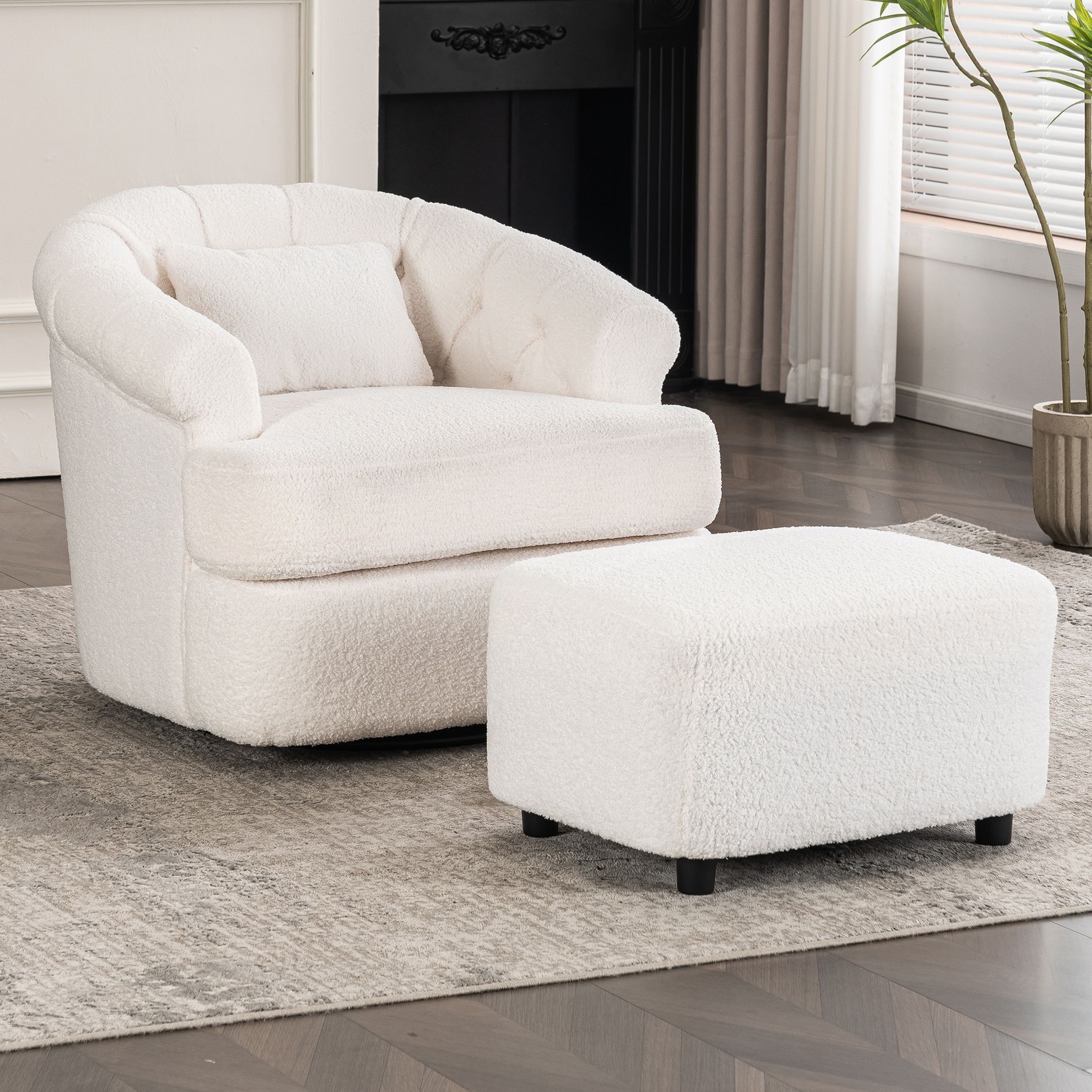 Modern Velvet Swivel Chair with Ottoman, Comfy Round Armchair, Luxurious Velvet Accent Barrel Chair, No Assembly Required, Off-White - ModernLuxe