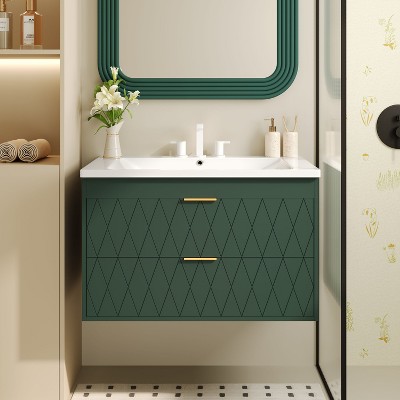 NicBex 30" Wall Mounted Bathroom Vanity with Top Resin Sink Combo,Floating Vanity Cabinet with 2 Drawers,Matte Green Finish,Solid Wood Frame