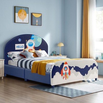 Costway Kids Upholstered Platform Bed Children Twin Size Wooden Bed Rainbow  Pattern