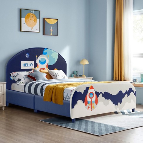 Costway Kids Upholstered Platform Bed Children Twin Size Wooden Bed  Astronaut Pattern : Target
