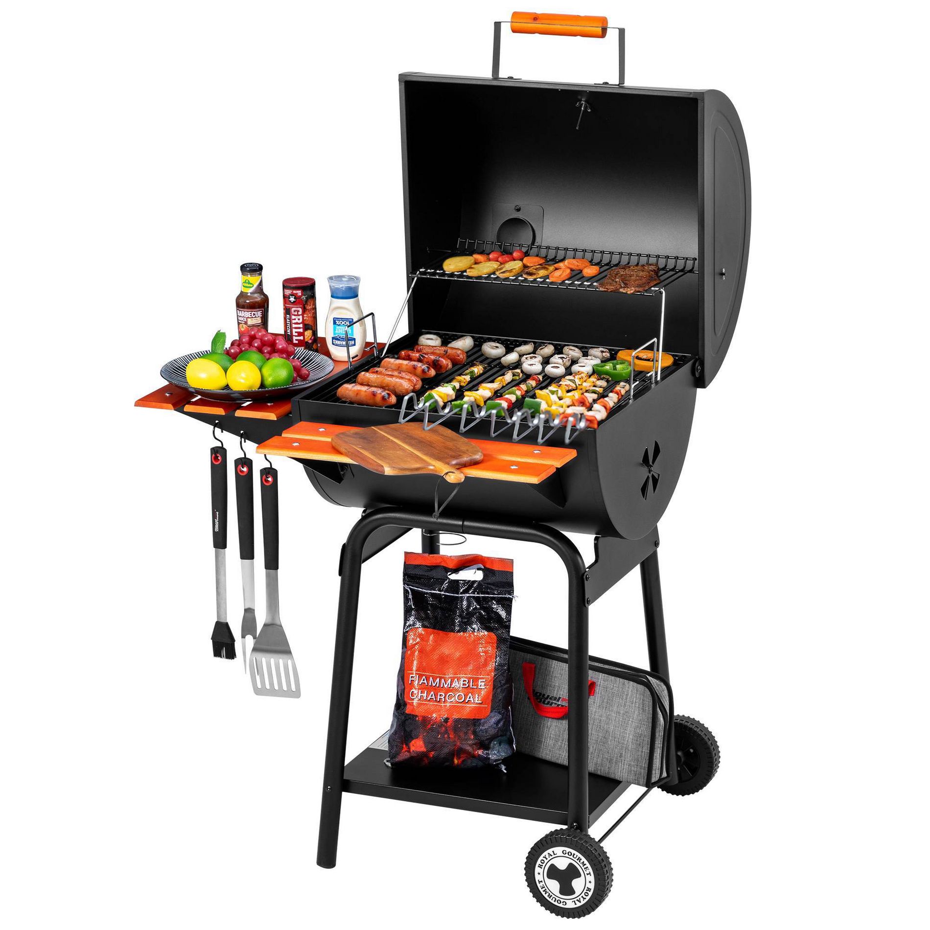 RoyalGourmet Charcoal BBQ Grill with Wooden Front Shelf and Side Shelf CC2024TG Black