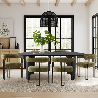 7-Pcs Dining Set for 6 Upholstered Chenille Chairs with 79" Oval Dining Table Modern Design for Dining Room,Kitchen Decor-Tanpinhause