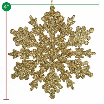 Gold Glitter Plastic Snowflake Ornaments Set of 24