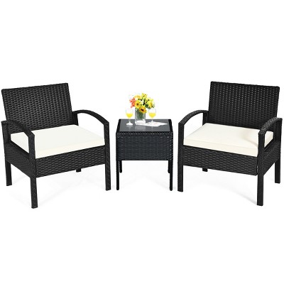 Tangkula 3 Pieces Patio Set Outdoor Wicker Rattan Furniture w/ Cushions