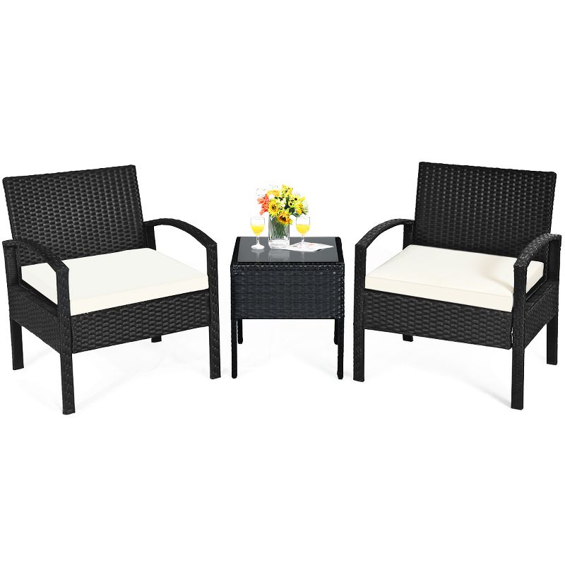 Tangkula 3 Pieces Patio Set Outdoor Wicker Rattan Furniture w/ Cushions, 1 of 11