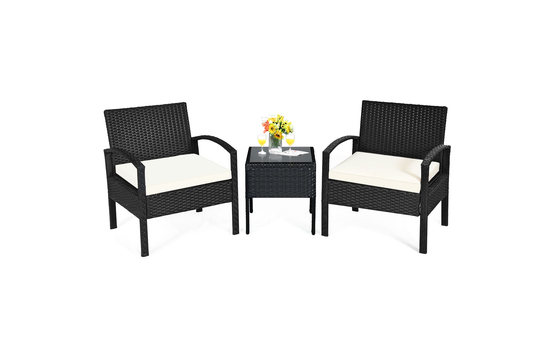Tangkula 3 Pieces Patio Set Outdoor Wicker Rattan Furniture w/ Cushions