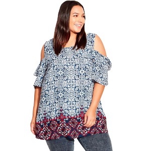 Avenue Women's Plus Size Cold Shoulder Frill Top - 1 of 4