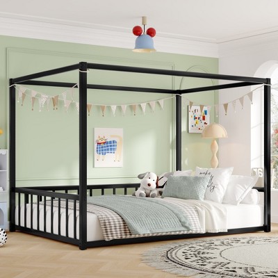 Racxily sunshade floor bed, iron double-size bed frame, low-profile double-size bed, equipped with fence-style guardrails, black