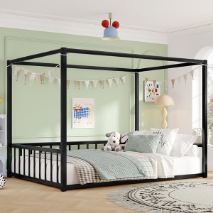 Racxily sunshade floor bed, iron double-size bed frame, low-profile double-size bed, equipped with fence-style guardrails, black - 1 of 4