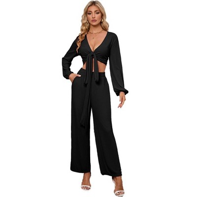 Womens Textured Co-ord Sets Tie Front/Side Crop Tops Tops with Palazzo Pants Knot Tie Trousers Sets Long Sleeve Lounge Sets