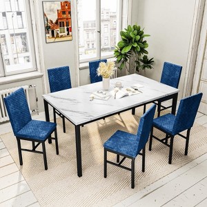 Hooseng 7-Piece Dining Room Table and Chairs Set for 6, Modern Kitchen Table Set with Faux Marble & Metal Frame & 6 Velvet Chairs - 1 of 4