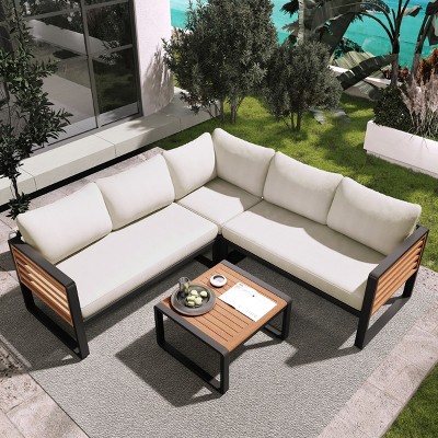4 Pieces Metal Outdoor Patio Conservation Sofa Sets,Garden Lounge Sofa,Modern L-Shape Sectional Sofa with Coffee Table and Cushions-Coolbibila