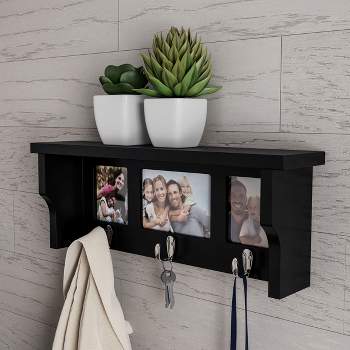 Wall Shelf and Picture Collage with Ledge and 3 Hanging Hooks- Photo Frame Decor Shelving with Modern Look, Holds 3 Photos By Hastings Home (Black)