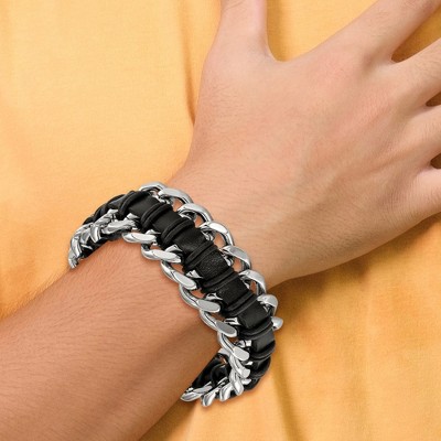 Chisel Stainless Steel Brushed and Polished Black Leather 9" Bracelet
