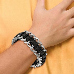 Chisel Stainless Steel Brushed and Polished Black Leather 9" Bracelet - 1 of 2