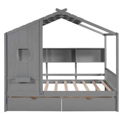 Bellemave Full Size House Bed with 2 Storage Drawers,Kids Bed with Storage Shelves,Wooden House Bed Frame for Girls,Boys,Can be Decorated,Gray