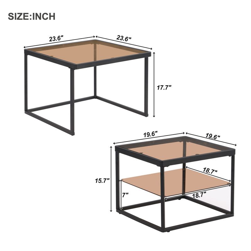 Modern Nesting Brown Tempered Glass Coffee Table Set with Metal Frame - ModernLuxe, 3 of 13