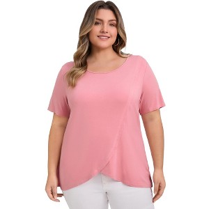 GRACE & GRANDEUR Women's Plus Size Round Neck Short Sleeve Crossover Asymmetric Tulip Hem Casual Blouses - 1 of 4